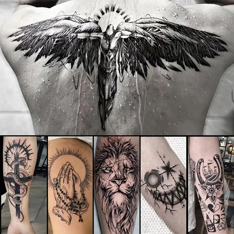 6 Large Realistic Fake Tattoos for Men - Assorted Designs: Fallen Angels Wings, Lions, American Flags, Praying Hands - Waterproof, Anti-Friction, 7-15 Days Lasting, Easy Application & Removal - Beauty & Personal Care Temporary Tattoos, Realistic Temporary