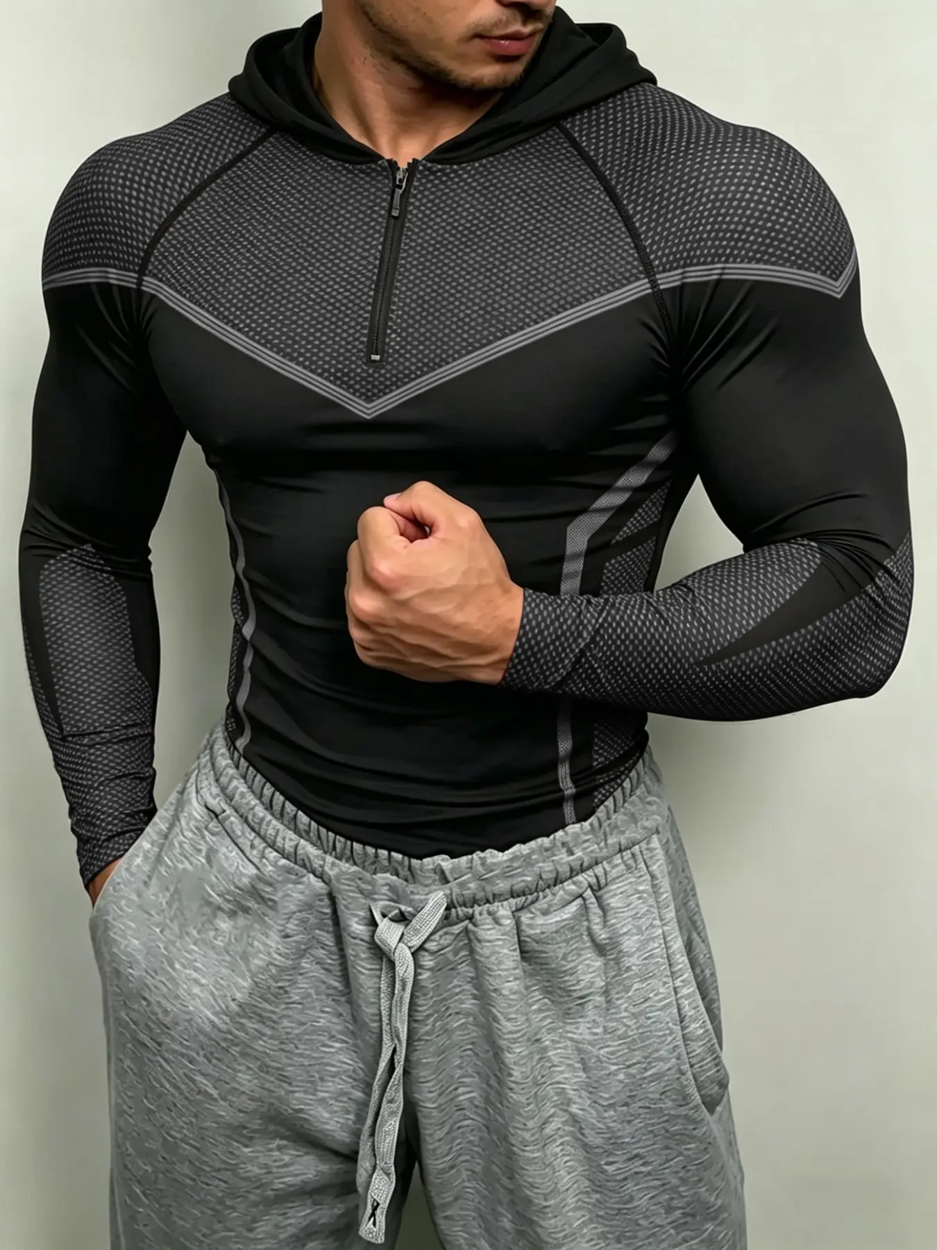 Men's High Elastic Quick-Dry Hooded Fitness Long Sleeve, Mesh Patch Half-Zip Design, Breathable Sweat-Wicking, Sporty Style, All Seasons, Athletic Hooded Shirts, Dry Fit Stretch, Athletic Training Tops, Breathable Workout Top