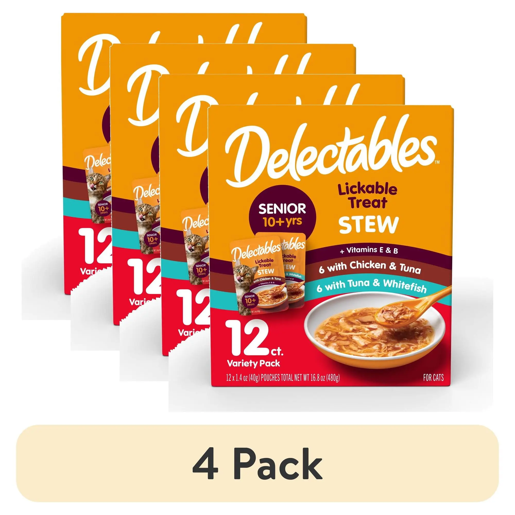 (4 pack) Delectables Stew Senior 10+ Variety Pack Lickable Cat Treats, 12-Pack