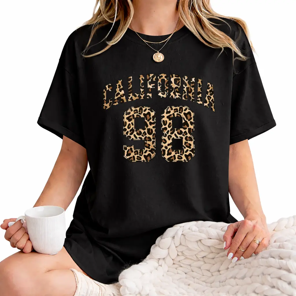 California 98 Leopard Print Graphic Tee Women Retro Cheetah Shirt