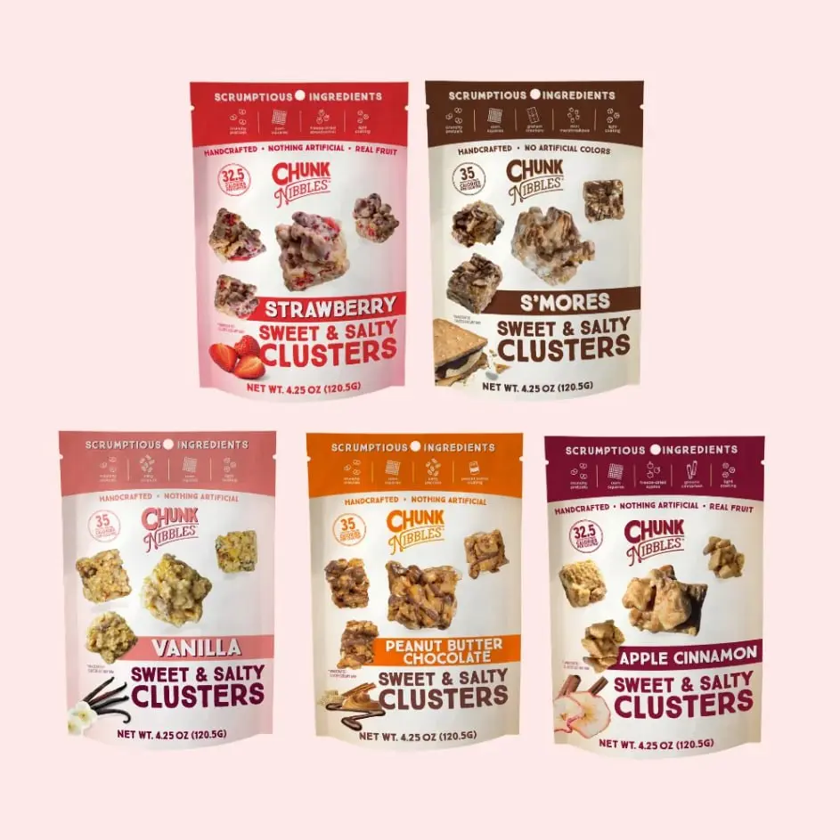 Chunk Nibbles Snack Clusters Snack Bundle | 5 Unique Flavors - Peanut Butter Chocolate, S'mores, Vanilla, Apple Cinnamon, Strawberry | 4.25oz Bags | Sweet & Salty Cluster Bites
