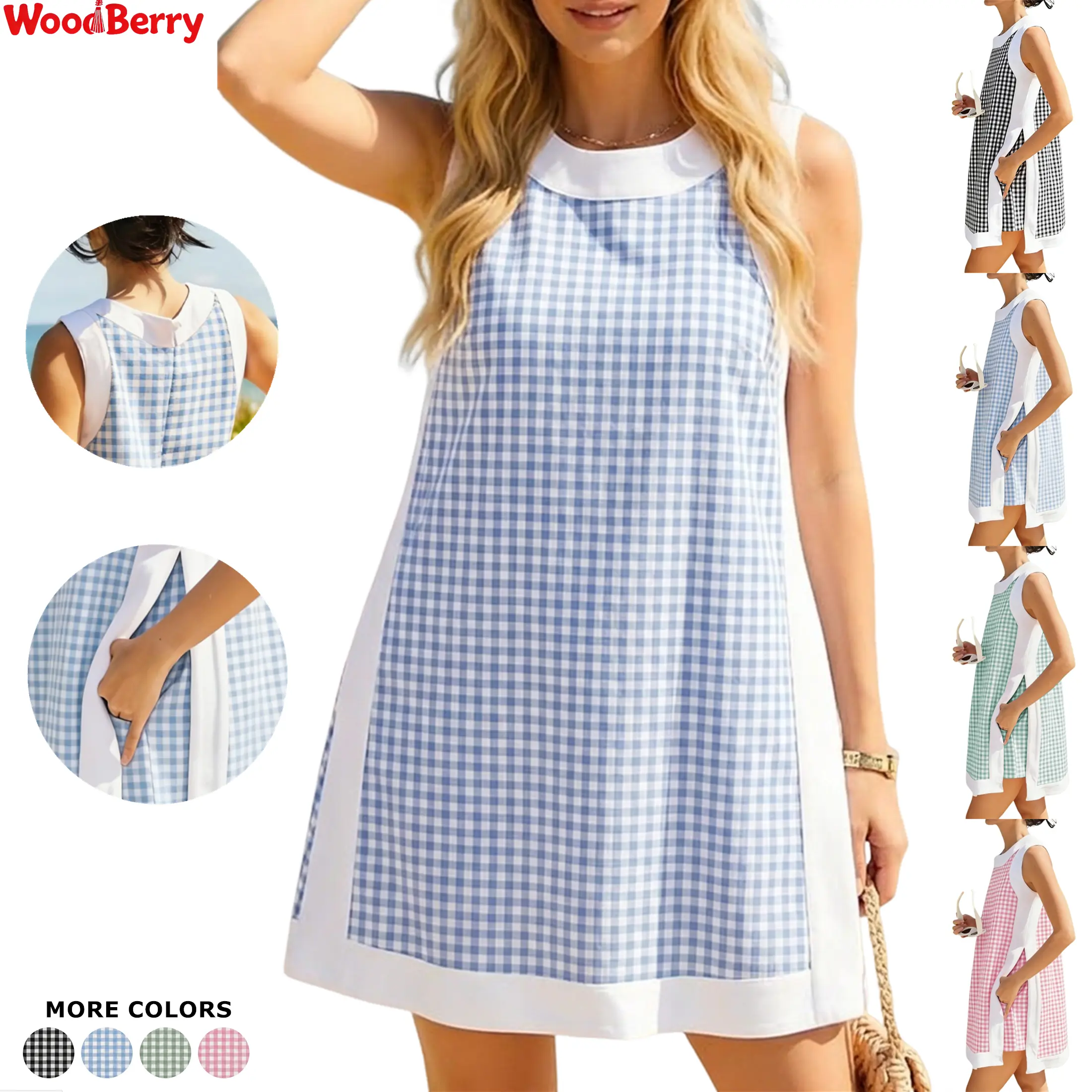 WoodBerry Women's Gingham Plaid 2 Piece Sets Casual Color Block Crew Neck Sleeveless Plaid Pullover Tops Matching Shorts Two Piece Lounge Outfit with Pockets