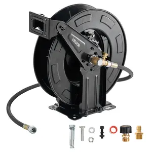【FathersDayGift】VEVOR Retractable Pressure Washer Hose Reel, 50 ft x 3/8 in Heavy-Duty Steel Reel, 4000PSI Max, Anti-Tangle Auto-Retract, Wall/Floor Mount for Car Washing, Garden Cleaning