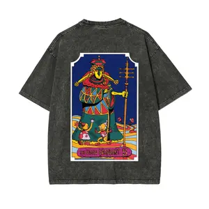 Tarot deck "The Hierophant" card, number 5, American-style washed T-shirt, regular fit, made in the USA, 100% cotton, men's washed T-shirt, street style top.