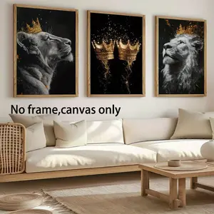 3pcs Unframed Crown & Lion Canvas Wall Art Prints, Modern Artistic Home Decor for Living Room, Bedroom, Office, Universal Setting