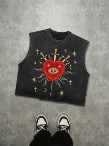 Men's Vintage Washed Loose Casual Breathable Sleeveless Tank Top with Sacred Heart & All-Seeing Eye Graphic Print, Gothic Menswear Streetwear Vest