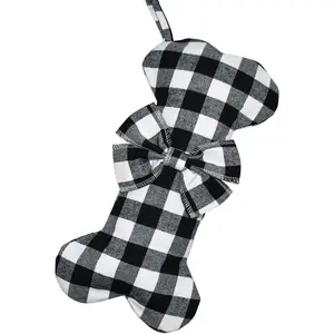 Senneny Pet Dog Christmas Stockings Classic Buffalo Black White Plaid Large Bone Shape Hanging Christmas Stocking for Dogs Pets