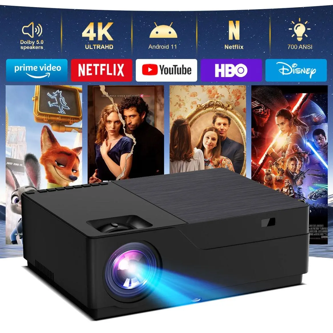 Projector with WiFi and Bluetooth, 4k Support Native 1080p Portable Projector for Home Theater Bedroom Ceiling Camping & Outdoor Use, Movie Projector with Speaker, 6D Keystone