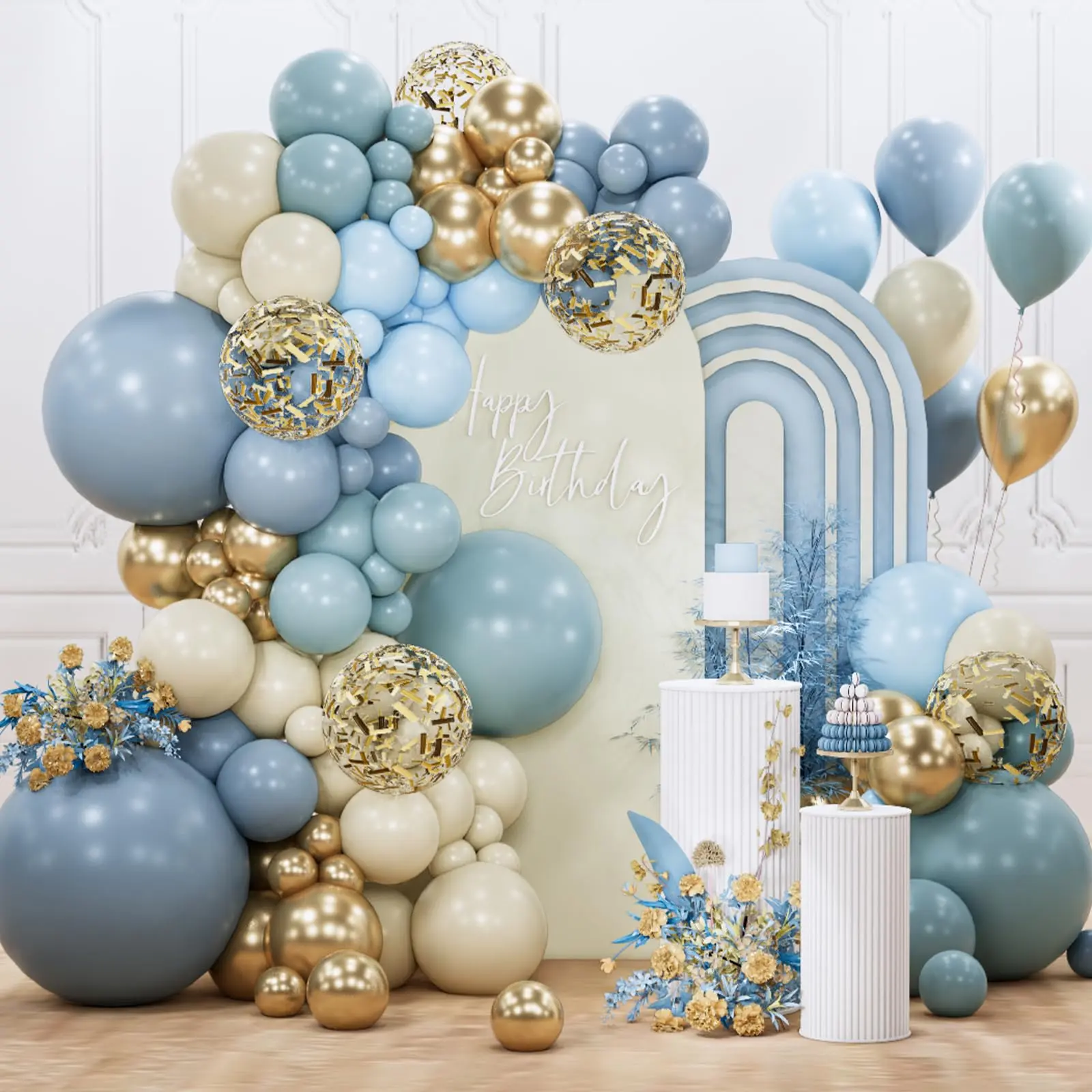PartyWoo Dusty Blue Round Balloon Arch Garland Kit (142pcs) - 18/12/10/5in Light Baby Blue, White, Sand Gold Confetti Boho Balloons with Pump for Gender Reveal, Baby Shower, Wedding Decorations, Graduation Party Decor,