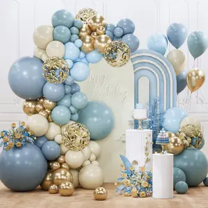 PartyWoo Dusty Blue Balloon Arch Kit Garland 142pcs Different Sizes of 18 12 10 5 Inch Light Baby Blue White Sand Gold Confetti Boho Balloons for Baby Shower Gender Reveal Birthday Party Decorations