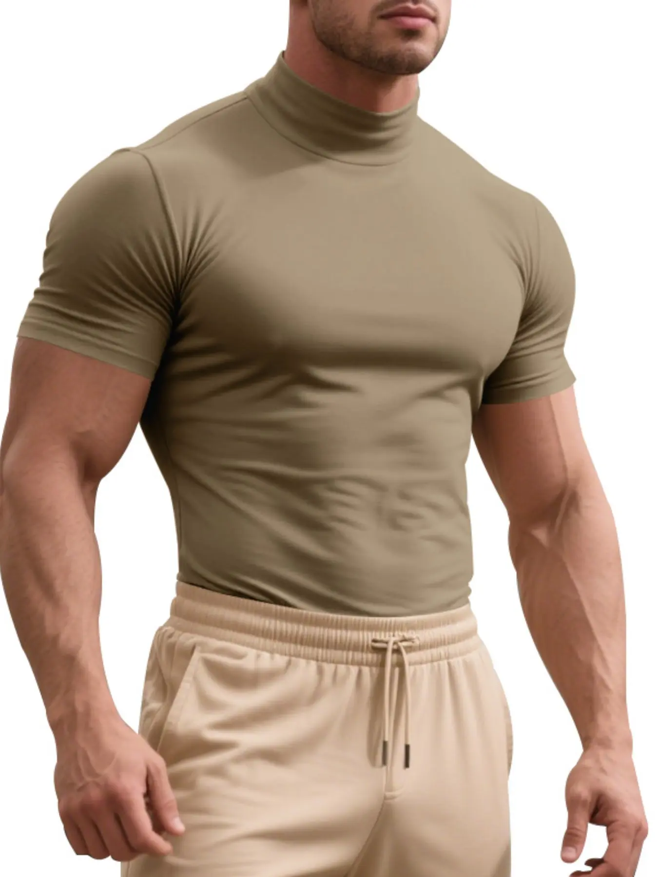 Men's Mock Turtleneck Short Sleeve T-Shirt, Slim Fit Fitted Basic Tee, Casual Style Tee, Stretchy Soft Casual Tops, Solid Color Plain Pullover for Daily Layering All Seasons, Casual Summer Clothing, Menswear