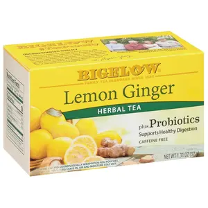 Bigelow Lemon Ginger Herbal Tea + Probiotics – 18 Count | Caffeine-Free, Soothing & Gut-Friendly