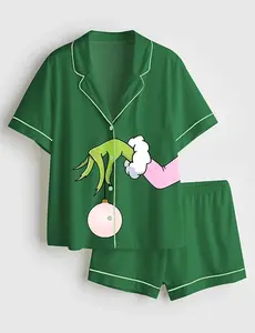 Men's Pink Christmas Grinch Short Sleeve Satin Family Pajama Set #PersonalizedPjs #BambooPajamas #MatchingSets #VintageVibe #PajamaCore