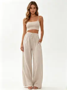 Women'S Pants Linen Wide-Leg Harem Pants High-Waisted Beige Casual Trousers Drawstring Elastic Waistband Loose And Flowy Pants With Pockets Y2k Street Style Summer Beach Vacation Casual Loungewear Fashionable Outfits For Going Out