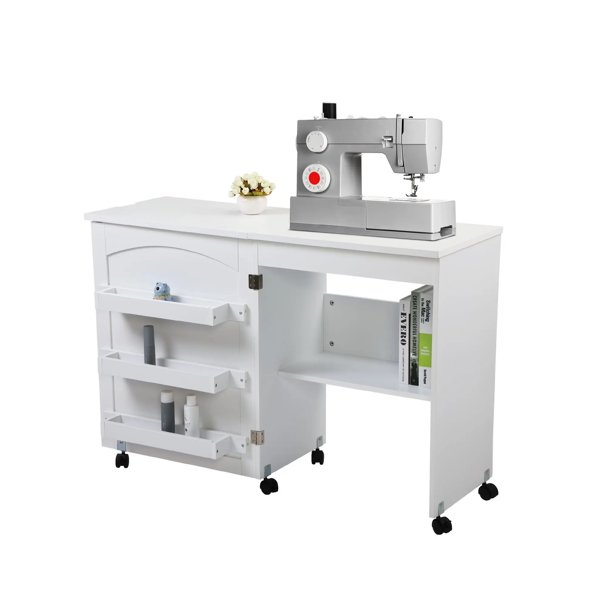 Folding Sewing Craft Cart&Sewing Cabinet Miscellaneous Sewing Kit Art Desk with Storage Shelves and Lockable Casters-White