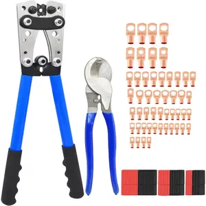 Cable Lug Crimping Tool with 50/100/200Pcs Copper Wire Lugs, Battery Cable Lug Crimping Tool Kit for AWG 10-1/0, Cable, 80Pcs Heat Shrink Tubing,Battery Crimper Tool