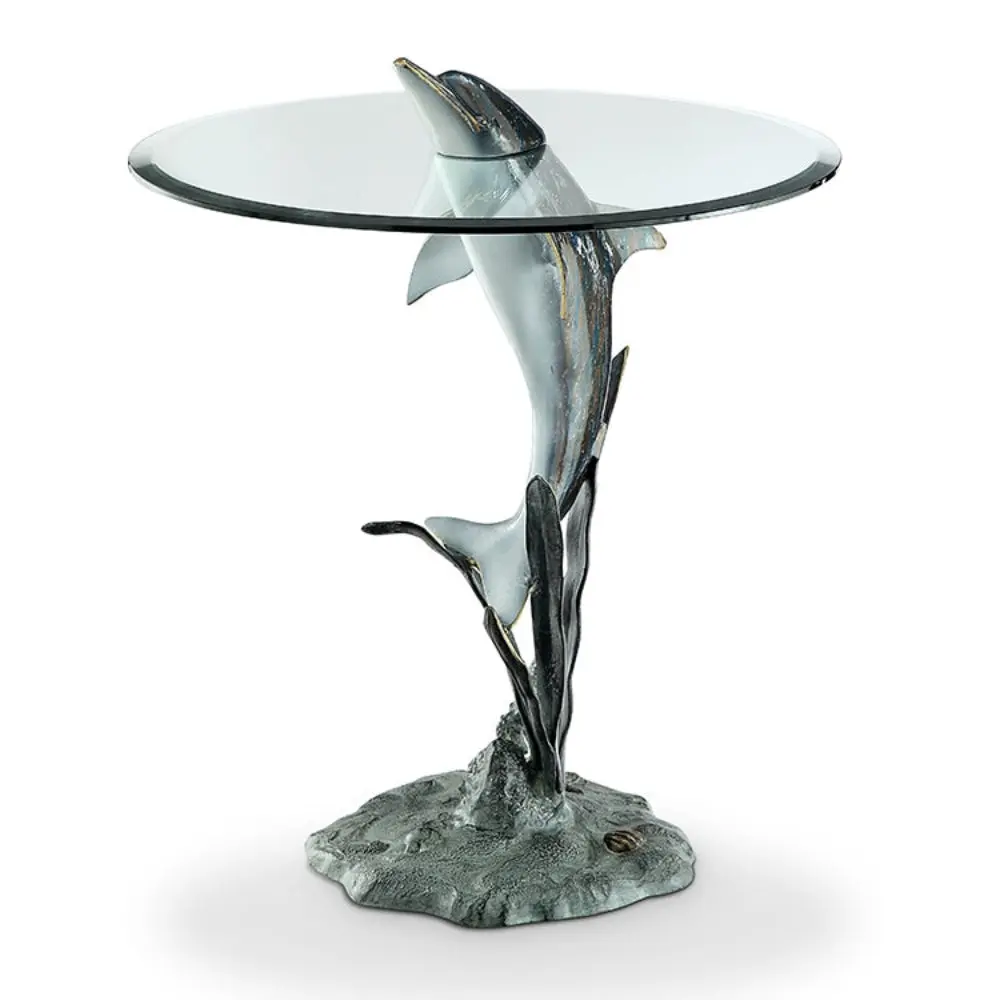 SPI Home Surfacing Dolphin End Table – 26" Tall Bronze Metal Coastal Accent Table with Glass Top, Marine-Inspired Sculptural Base