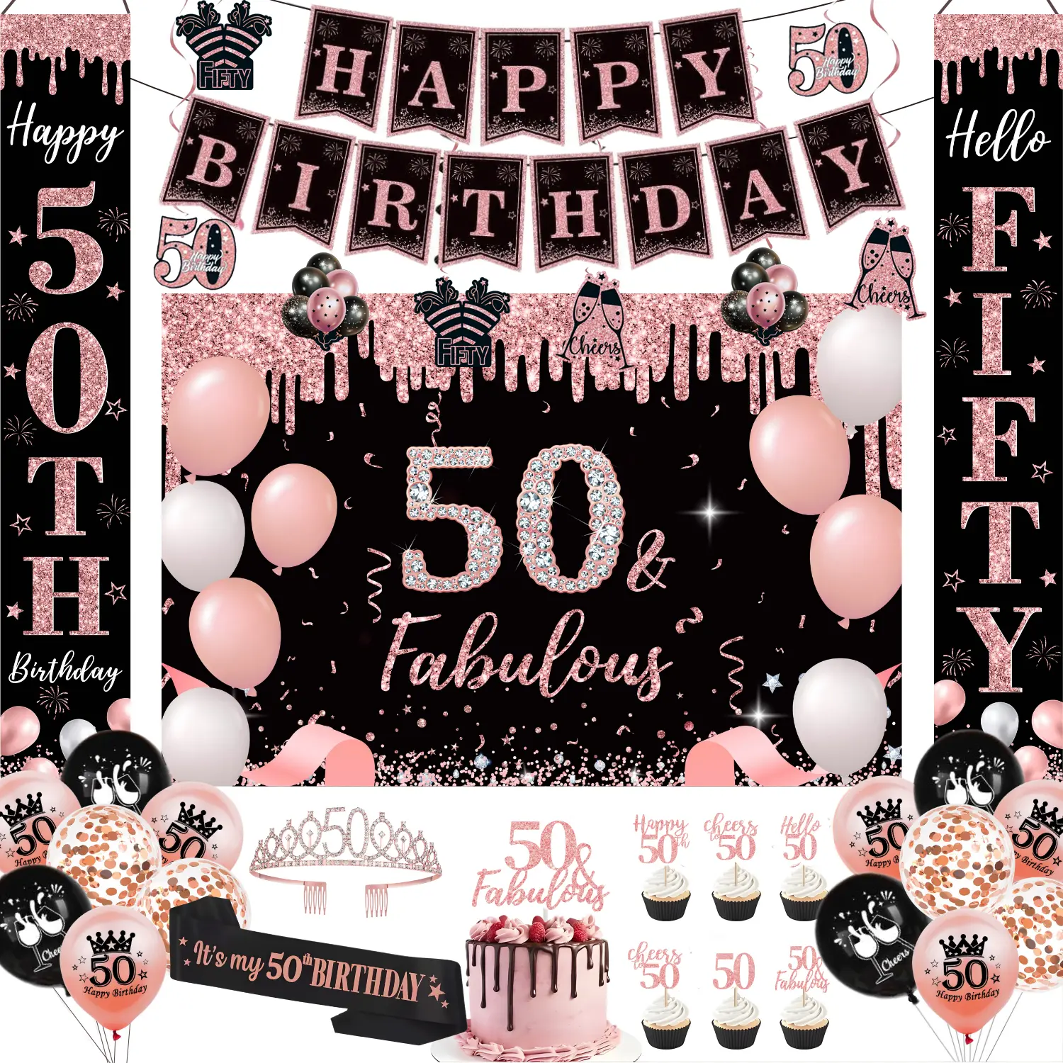 Rose Gold 50th Birthday Decorations Kit for Her - "50 & Fabulous" Backdrop, Banner, Balloons, Tiara, Sash, Cake Topper - Multiple Items Party Setup Gifts Complete Set
