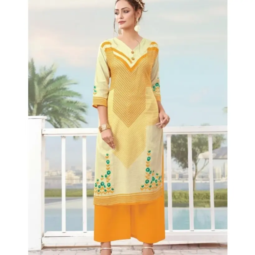 Vastra-2 Sunshine Bloom Embroidered Kurti with Palazzo Pant - Yellow/Orange with Cream Base, Multicolor Floral Embroidery, V-Neck, 3/4 Sleeves, Chevron Stitch Panel, Side Slits, Machine Washable