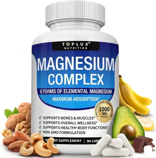 Magnesium Complex Supplement 8 Elemental 1000mg Magnesium Glycinate Citrate Malate Taurate Chelated Easy Absorption Bones Muscle Recovery Energy Vegan Non GMO 90 Capsules Premium Dietary Care Fast Acting Calm Sleep Support Daily Vitality Wellness Formula,
