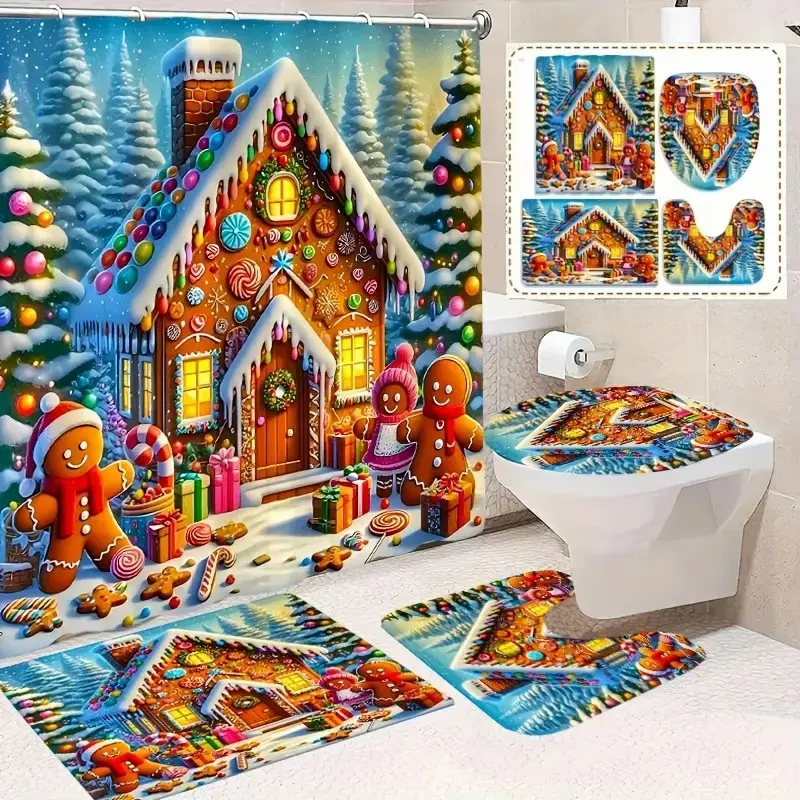 Christmas Candy Gingerbread Man Shower Curtain Set, Non-Slip Mat, U-Shaped Rug, Toilet Lid Cover, Bathroom Decor, Includes 12 Hooks, Bathroom Decoration Accessories