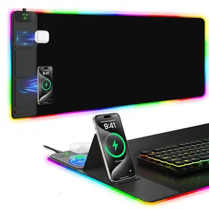 XXL RGB Gaming Mousepad, 31.5"x15.8" Waterproof Desk Mat with Foldable Phone Holder, Dual Qi Wireless Charging Station,4 Light Modes