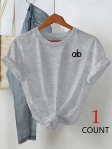 Women ab Letter Print Short Sleeve T-Shirt, Loose Fit, Soft Breathable Fabric, Perfect for Daily Outings, Campus Commute & Casual Loungewear