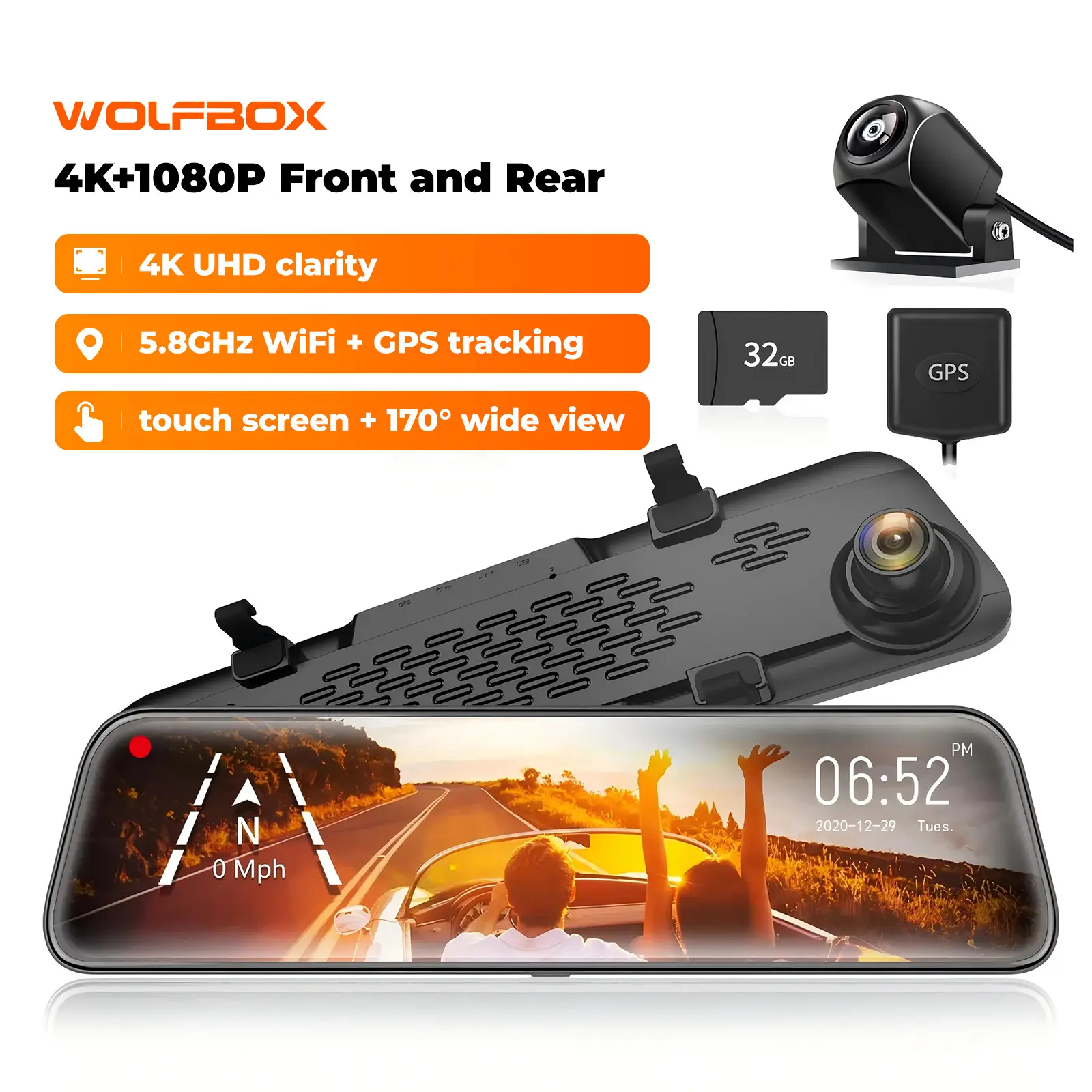 【FathersDayGift】WOLFBOX G840S 12" 4K Mirror Dash Cam with 5.8GHz WiFi & GPS Tracking, Dual Cameras, Night Vision, 32GB Card, 170° Front & 140° Rear Lenses, 24-Hour Parking Monitor, TikTokShopHolidayHaul - Automotive Video Recorder