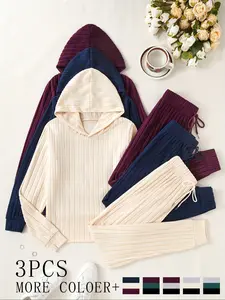 Women's Homecoming Set, 6-Piece Long Sleeve Hoodie Top & Ankle-Length Pants, Ribbed Brushed Fabric, Casual Comfortable Daily Wear, Winter Wear