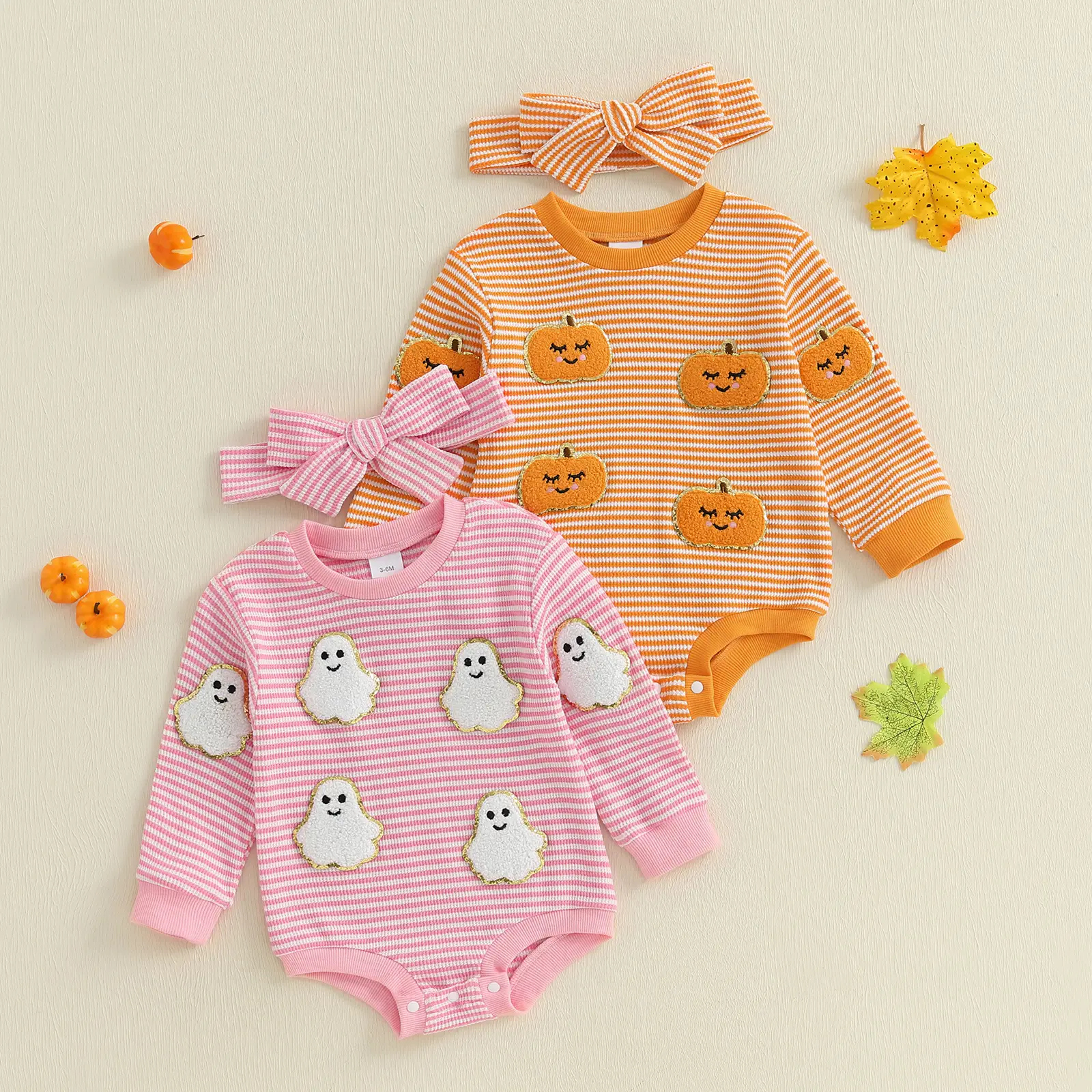Infant Baby Girl Halloween Outfit Ghost Pumpkin Pattern Striped Long Sleeve Romper with Headband 2 Pcs Set for Fall