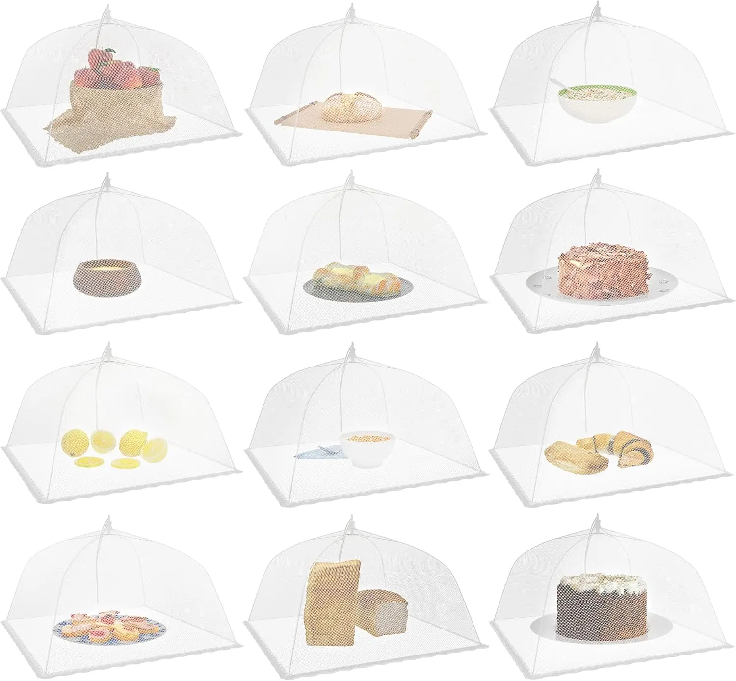 12-Pack Portable 17in x 17in White Collapsible Mesh Fabric Food Shields, Outdoor Barbecues Essentials for Car Camping-Tailgating (Automotive & Motorcycle Event Accessories, Collapsible Set)