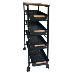 4 Tier Metal Organization Trolley with Pull-Out Baskets and Wheels Slim Storage Rolling Cart for Home Office Kitchen Bathroom Laundry