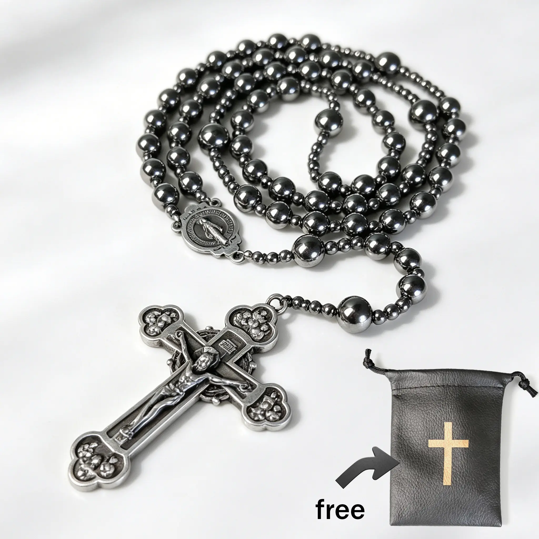 Large Heavy Rosary,Hematite rosary beads catholic for men and women,Rosary Necklace for men with Virgin Mary medal & cross,Handmade of rosarios catolicos Cross Necklace Catholic Gifts  ,Rosary for first communion boys or girl