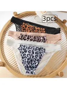 Men's Leopard Print Mesh Panties, 3-Pack Semi-Transparent Breathable Comfort, Casual Daily Wear, Sweat-Free Fashion Trend, All Seasons, Breathable Undergarments, Soft Stretch Briefs, Underwear Men