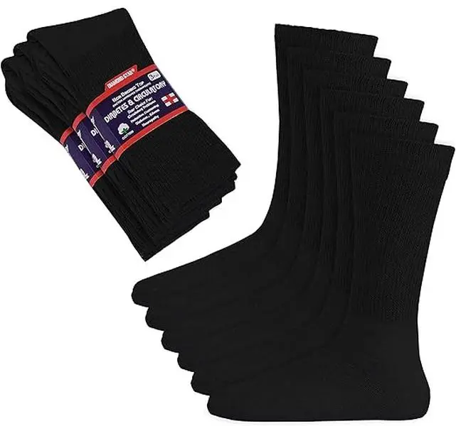 DIAMOND STAR Unisex Loose Cotton-Elastane Universal Sport Crew Socks - 3 Pairs, Non-Binding, Circulatory Cushion, All Seasons, Edema/Arthritis Support, Adults, Men's Size 13-15, Black
