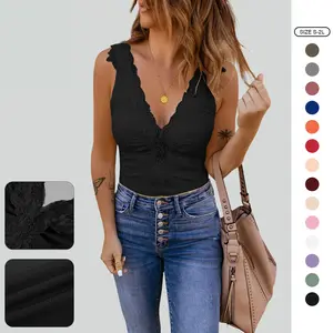 Imily Bela Womens Lace Patchwork Sexy Deep V Neck Sleeveless Knitted Vests Summer Camis Tank Tops