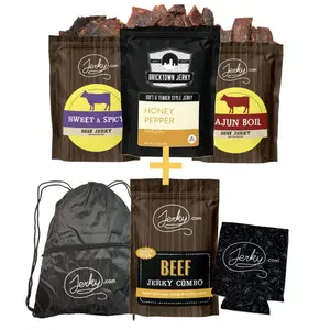 Joey's Favorites Big Bundle - Sweet & Spicy Beef, Soft & Tender Honey Pepper Beef, Cajun Boil Beef + Beef Jerky Sampler, Drawstring Backpack & Koozie- All-Natural, No Added Preservatives - 12.5 oz