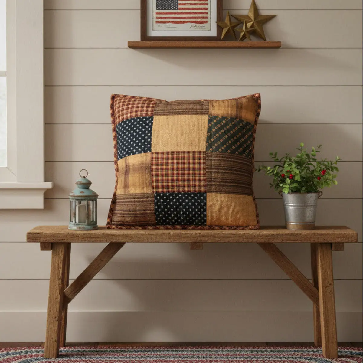 Cotton Primitive Assorted Patchwork Blocks Decorative Stitching Standard Pillow - Traditional Americana Colors, Tea Stain Floral Quilted Unique Pattern, Button Closure, Machine Washable, Straight Edge Trim Soft Furnishing