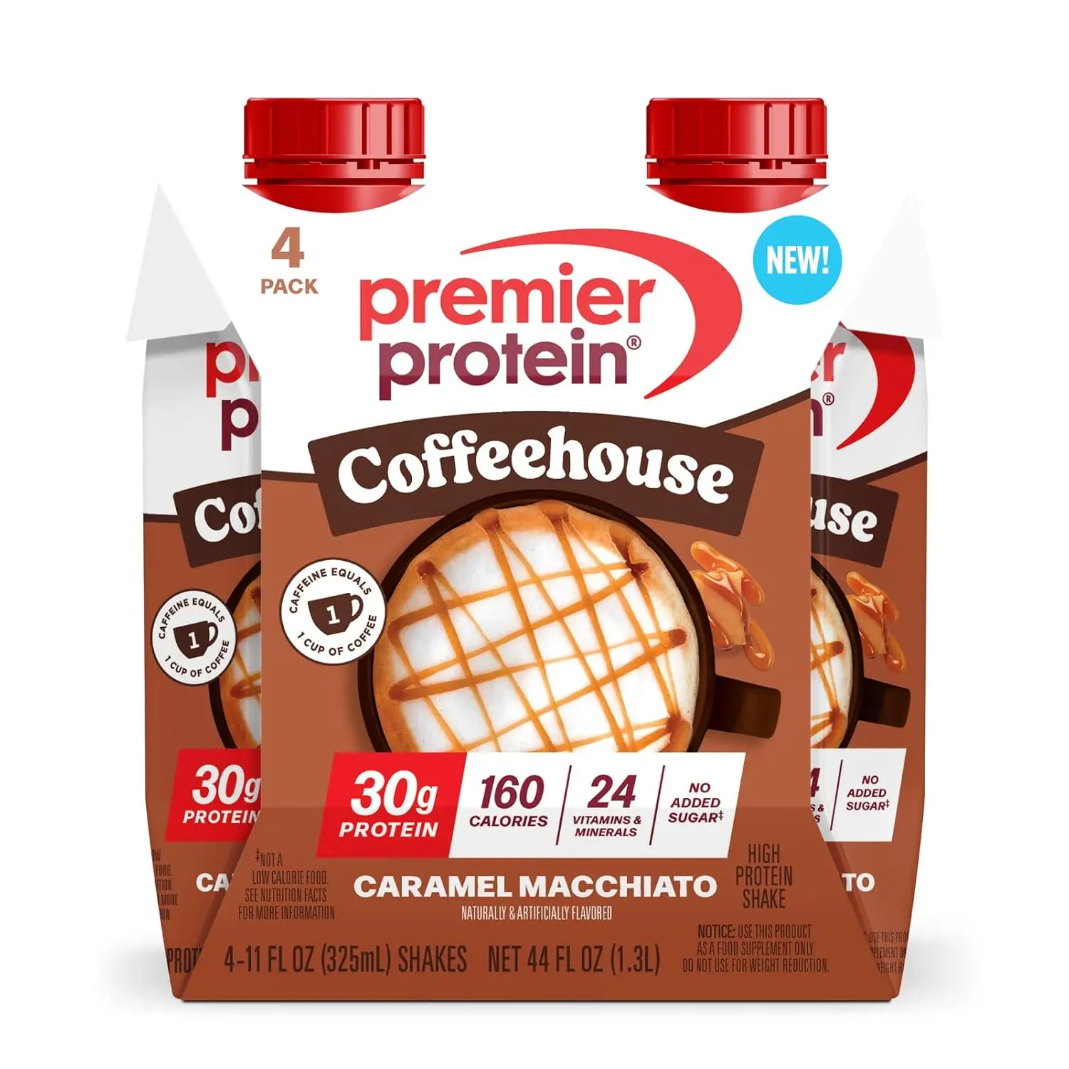 Premier Protein COFFEEHOUSE 30g Protein Shake, Caramel Macchiato, 4 Pack | Caffeinated Energy Beverage, 160 Calories, 24 Vitamins & Minerals, No Added Sugar, Supports Muscle Health, Gluten-Free, 11 oz