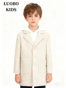 【LUOBOKIDS】Men's Wool Coat with Pockets for Boys, Medium-Long Length Wool Overcoat, Suitable for Children with Heights of 90-160cm, Western College Style, Winter Insulated Jacket