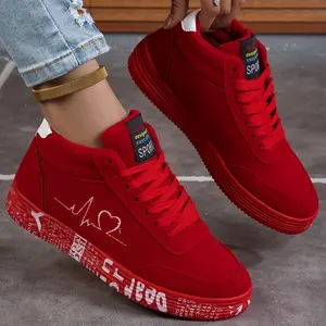 Ladies Red Casual Sneakers, Heart Print - Soft Sole, Breathable Fabric Skates - Low Top Lace Up Platform Shoes - Perfect Valentine's Day Gift for Her, Cute Shoes