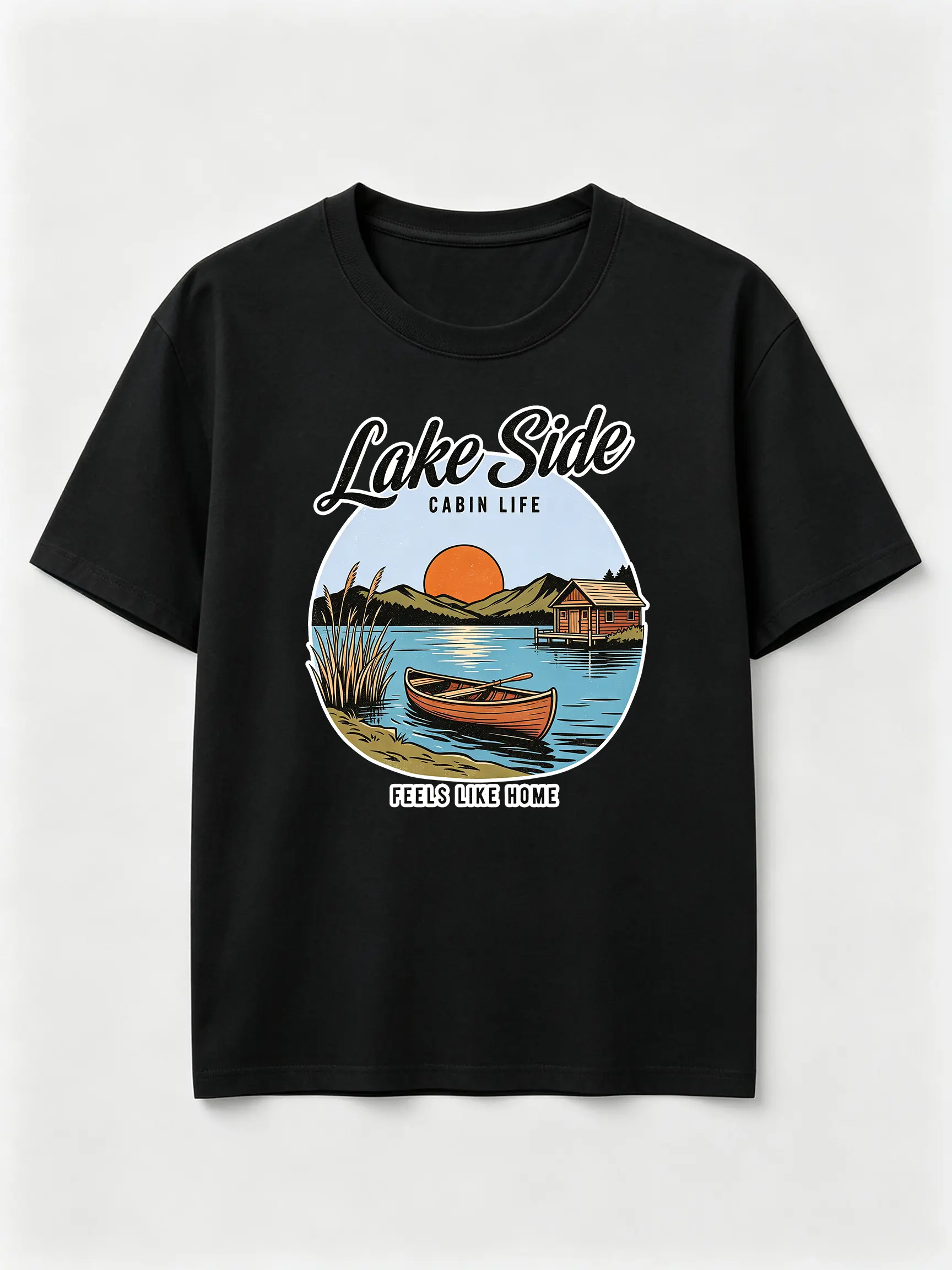 Lake Side Cabin Life Rowboat Graphic T Shirt, Lakeside Vintage Outdoor Tee, Short Sleeve Cotton Shirt For Men Women