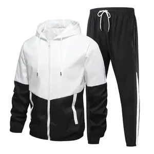 Men's 2-Piece Zip-Up Patchwork Hooded Windbreaker Tracksuit Set - Sporty Style Outfits, All-Seasons Color-Block Jacket with Side Stripes, Breathable Sweatpants, Casual Athletic Training & Workout Gym Clothing, Tracksuit Uniform Stretchy Suit Set