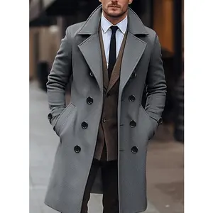 Men's Mid-Length Double-Breasted Woolen Overcoat grey big