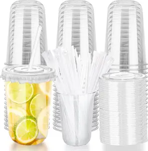 16oz Disposable Stemless Glasses with Flat Lids and Straws,PET Disposable Drinking Cups,Clear Plastic Wine Glasses for Parties Birthday,Wedding,Meeting,Christmas Party Supplies. (50)
