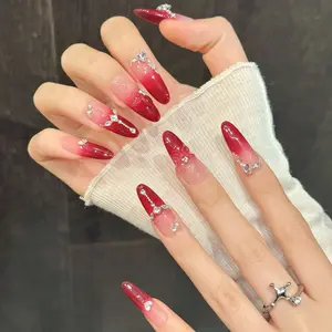 Pink & Wine Red Gradient Handmade Press-On Nails| "Crimson Diamond Star Soft"| Star Design Luxury Nail Stickers| Wholesale| For Women| Daily & Party Use