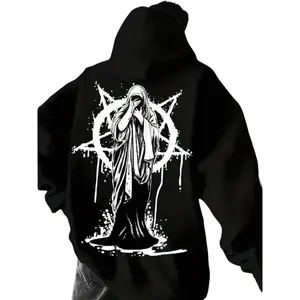 Men's Gothic Style Hooded Sweatshirt, Pentagram and Skull Print Pattern - Loose Hip-Hop Street Style Pullover, Black and White Casual Winter Sweater, Unisex, Suitable for Autumn and Winter, Alternative Fashion, Halloween Cotton Menswear Personalized