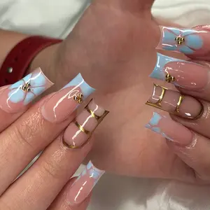 24pcs Medium Long Press-On Nails, Square Nails, Light Blue French Style, Petal and Leopard Print Design, Glossy Finish Nails, Easy Wear Acrylic False Nails Set, Floral Nail Art, Medium Length Nails, Stylish Nails, Flower Nails