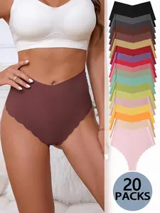 Women's Solid Scallop Trim High Waist Panty, Soft Comfy Breathable Seamless Knicker for Daily Wear, High Waisted Underwear for All Seasons