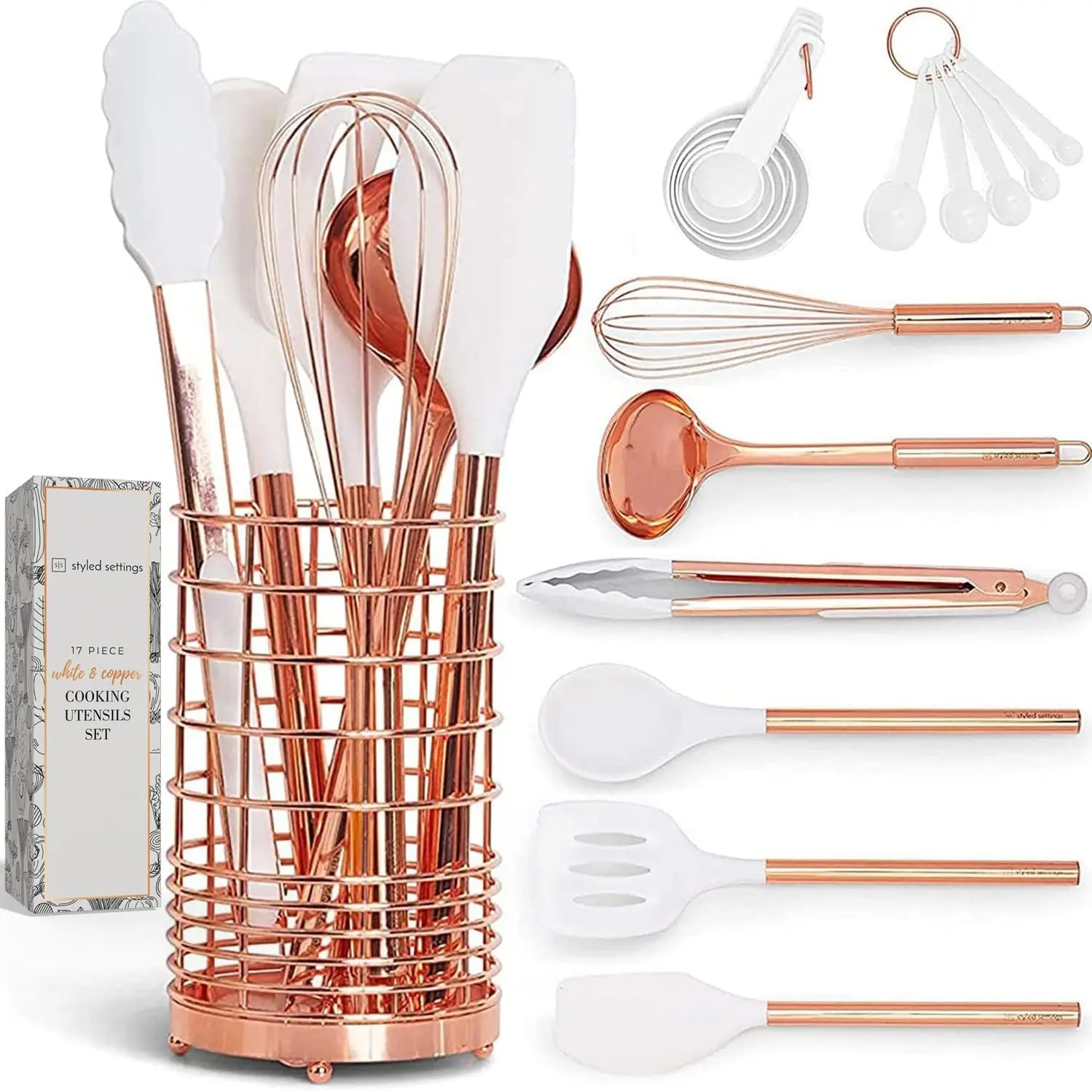 White Silicone & Copper Kitchen Utensils Set with Holder - 17 PC Rose Gold Kitchen Utensils Set Includes White & Copper Measuring Cups and Spoons & Copper Utensil Holder - Copper Kitchen Accessories STYLED SETTINGS